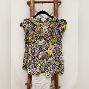 Floral Ruffle Collar Drop Waist Button Down Blouse